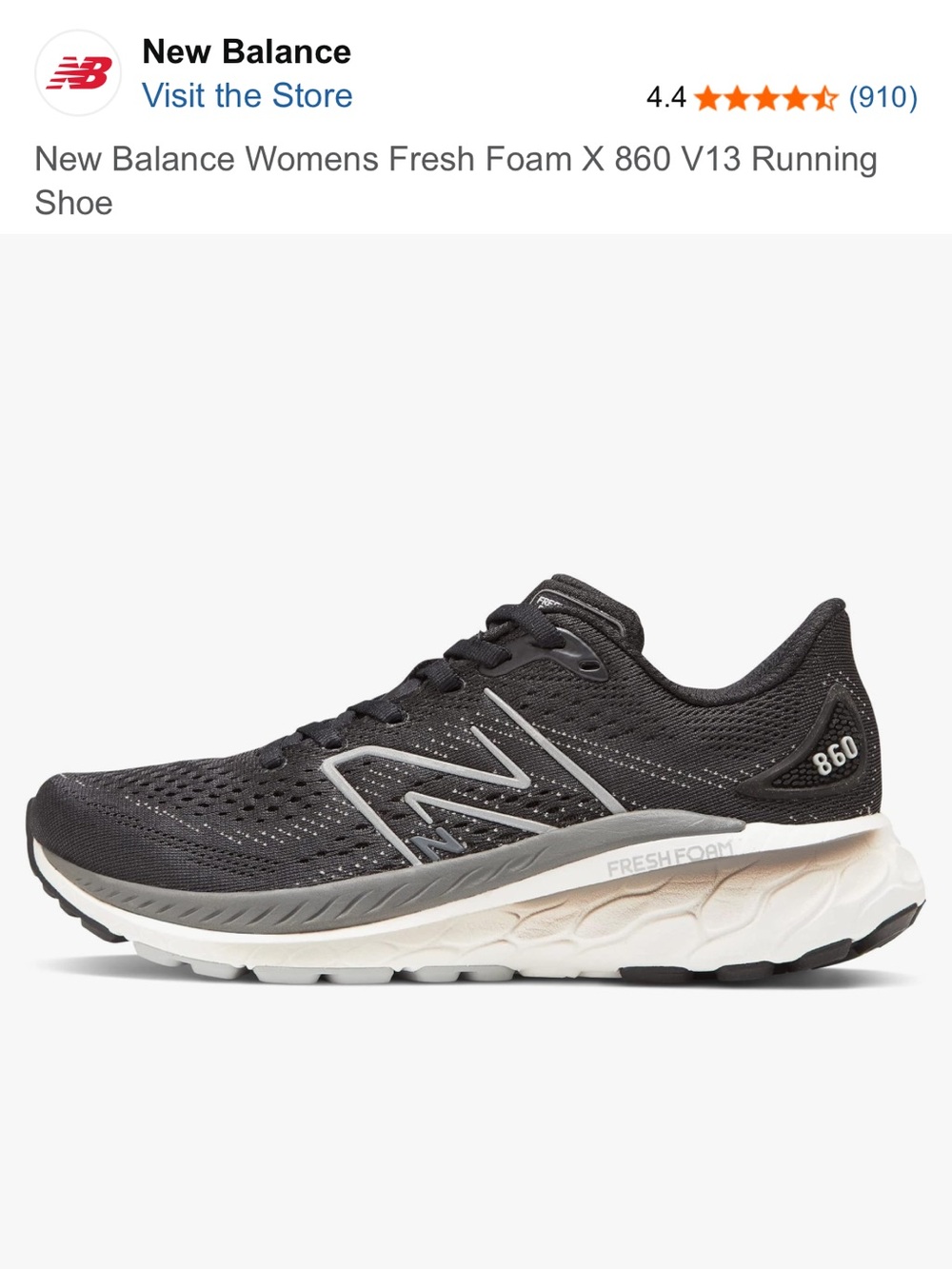 New Balance 860 v13 Running Shoe — Black with Grey and White Midsole